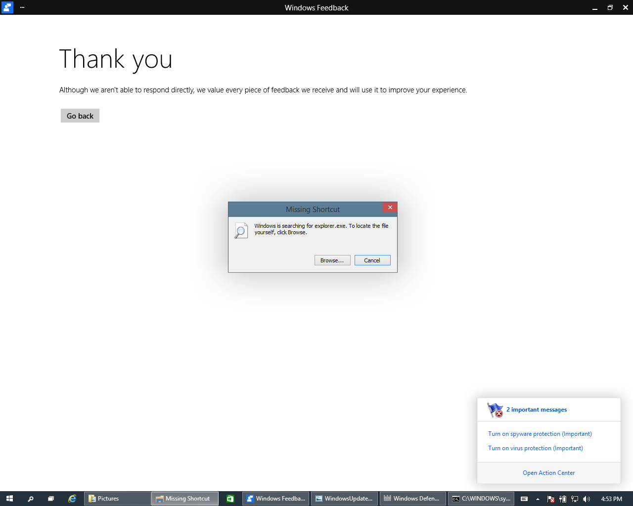 Windows 10 build 9860 Update Notification Center cannot find
explorer.exe